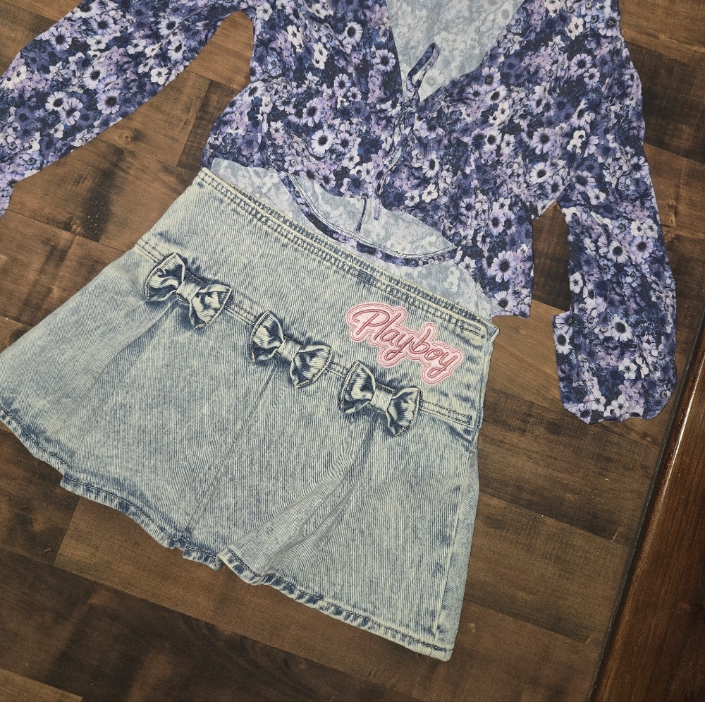 Playboy Acid Wash Denim Micro Mini Skirt [Size 00] Y2K Pleated Bow Coquette